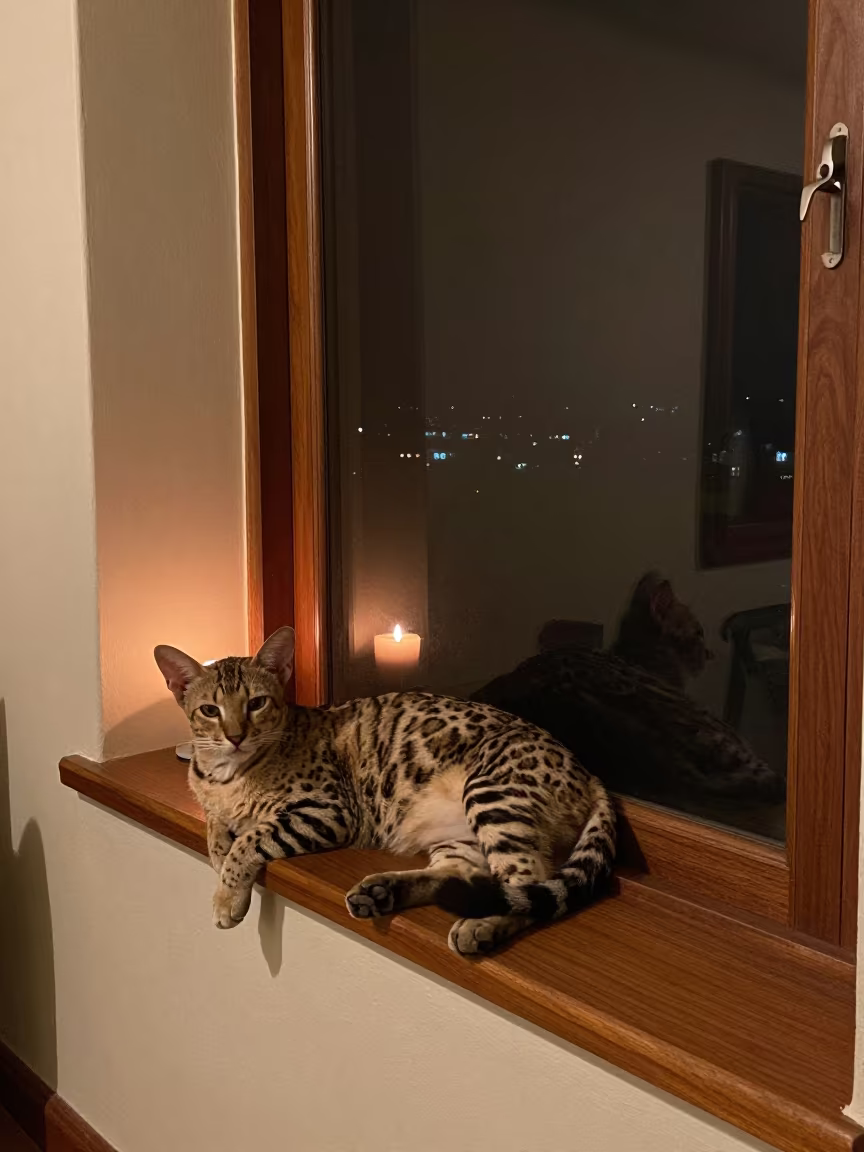 Serengeti Cat Lounging on Window Seat in on a window seat in a quiet apartment with soft side light in Dar es Salaam