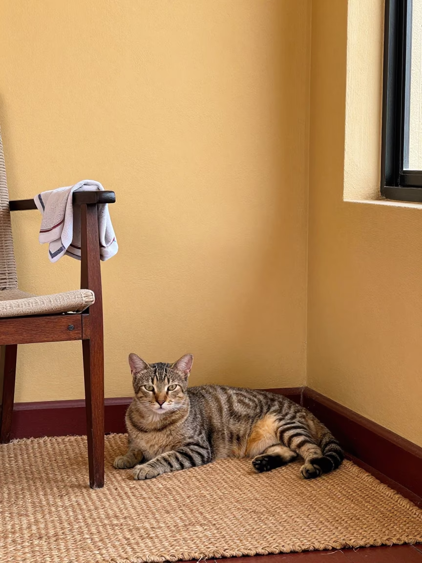 Serengeti Cat Lounging on Woven Rug in Mombasa Home in on a woven rug beside a low couch and an uncluttered wall in Mombasa