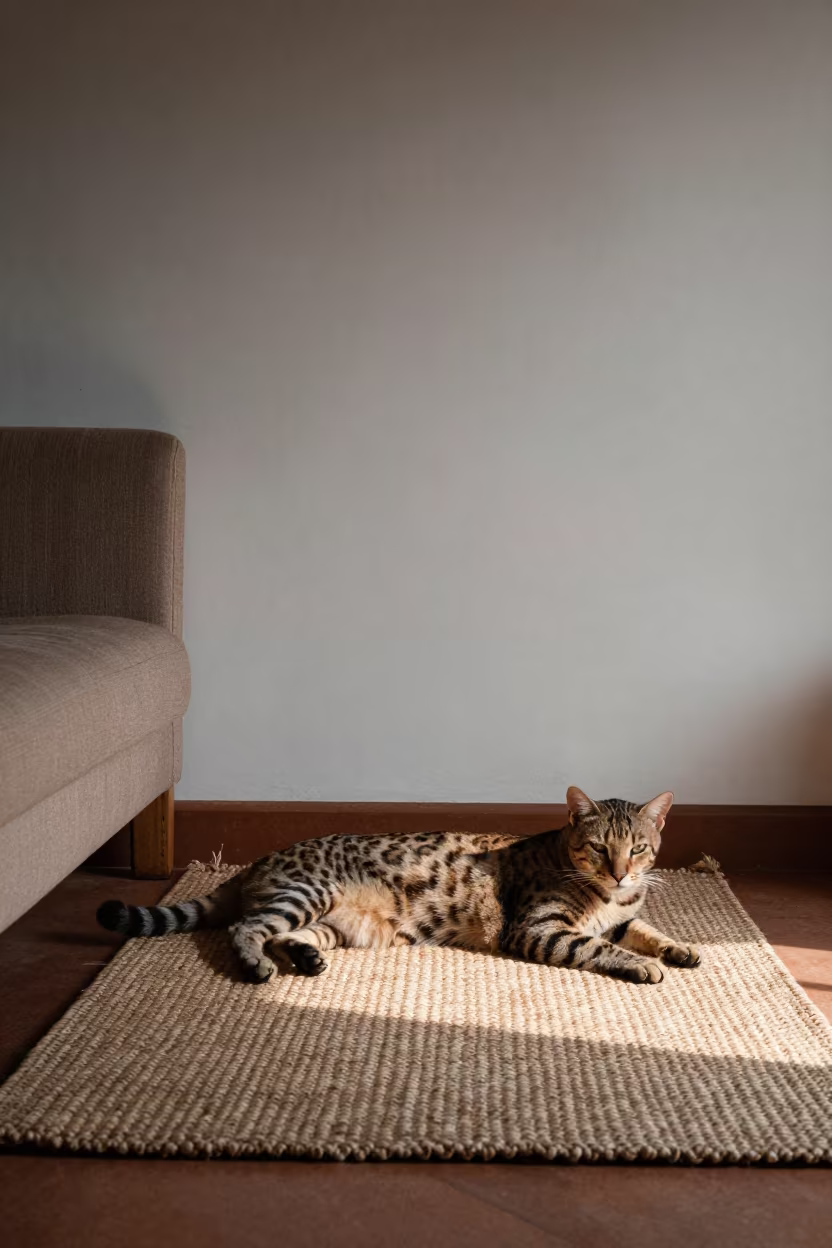 Serengeti Cat Lounging on Woven Rug in Mombasa in on a woven rug beside a low couch and an uncluttered wall in Mombasa