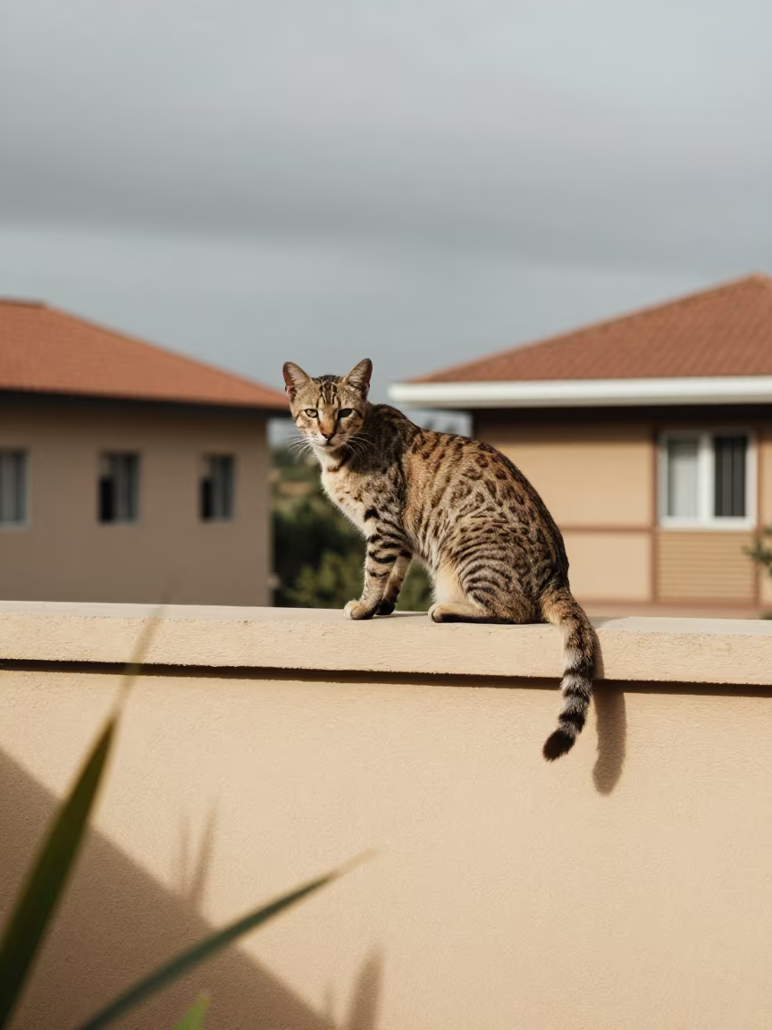 Serengeti Cat on Courtyard Wall in Dar es Salaam in beside a plain courtyard wall in clear daylight with the animal at eye level in Dar es Salaam