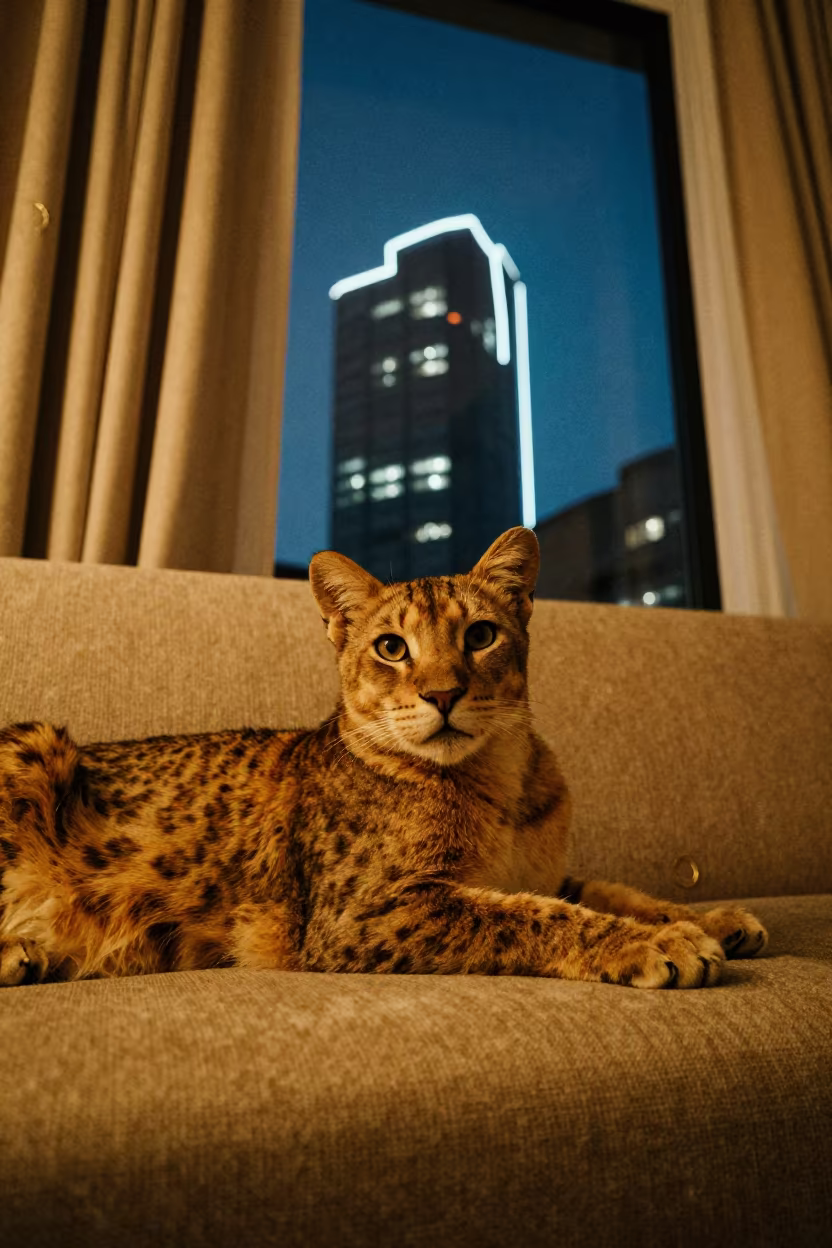 Serengeti Cat Portrait Near Window in Nairobi in on a sofa near a curtained window with calm indoor light in CBD, Nairobi