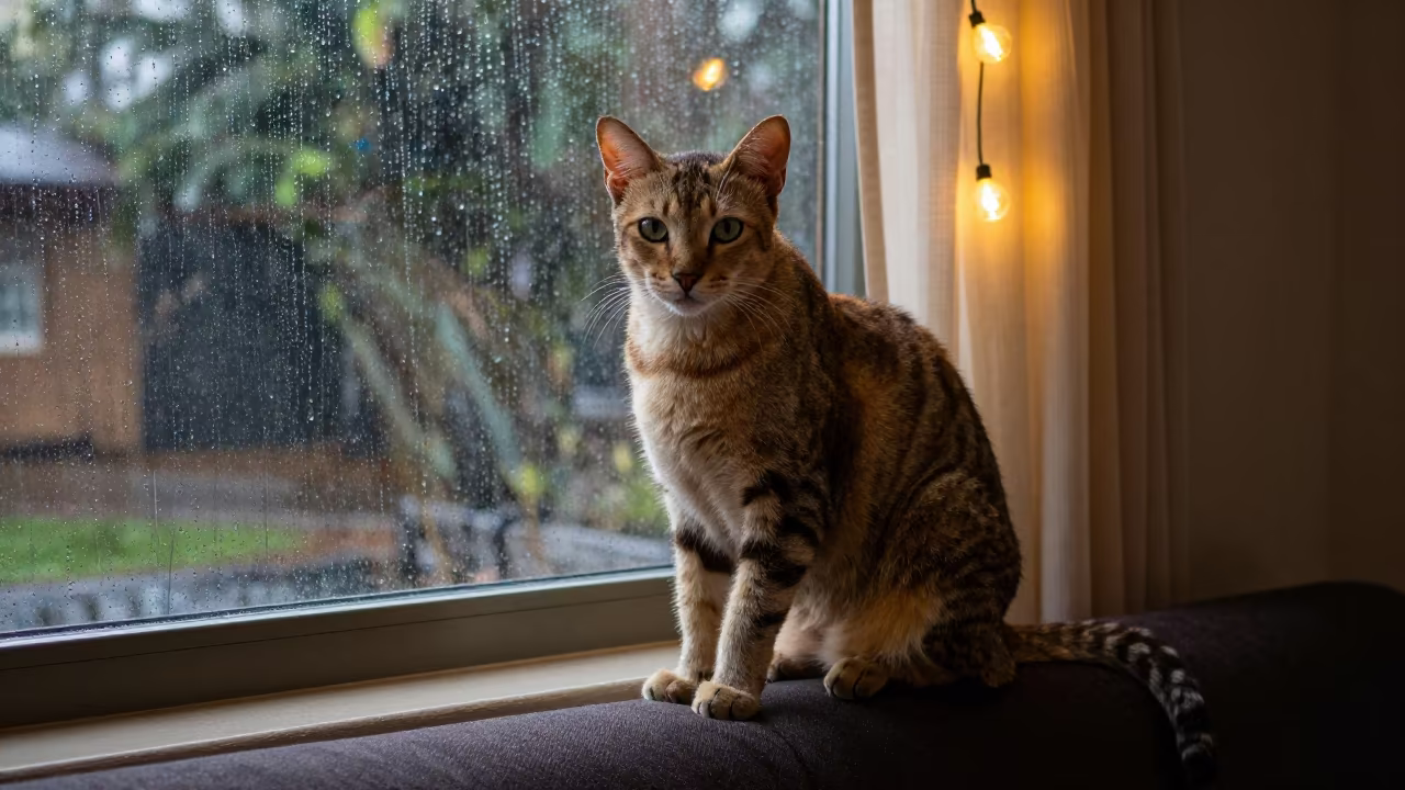 Serengeti Cat Portrait Near Window in on a sofa near a curtained window with calm indoor light in Dar es Salaam