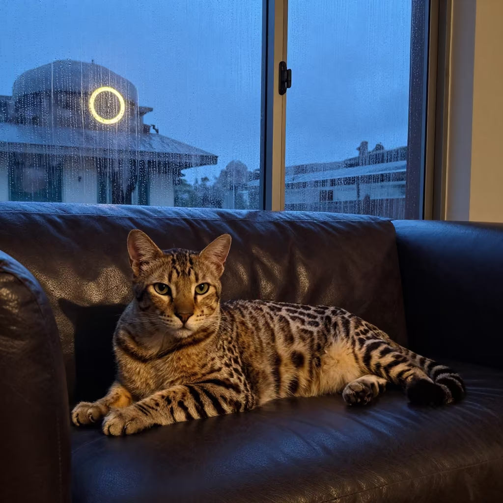 Serengeti Cat Portrait on Sofa Dar es Salaam in on a sofa near a curtained window with calm indoor light in Dar es Salaam