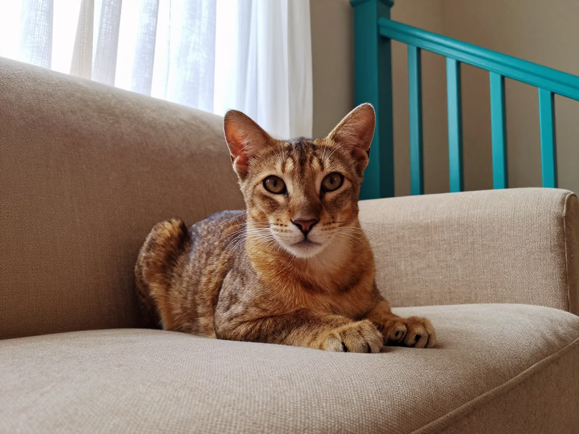 Serengeti Cat Portrait on Sofa Near Window in on a sofa near a curtained window with calm indoor light in Dar es Salaam