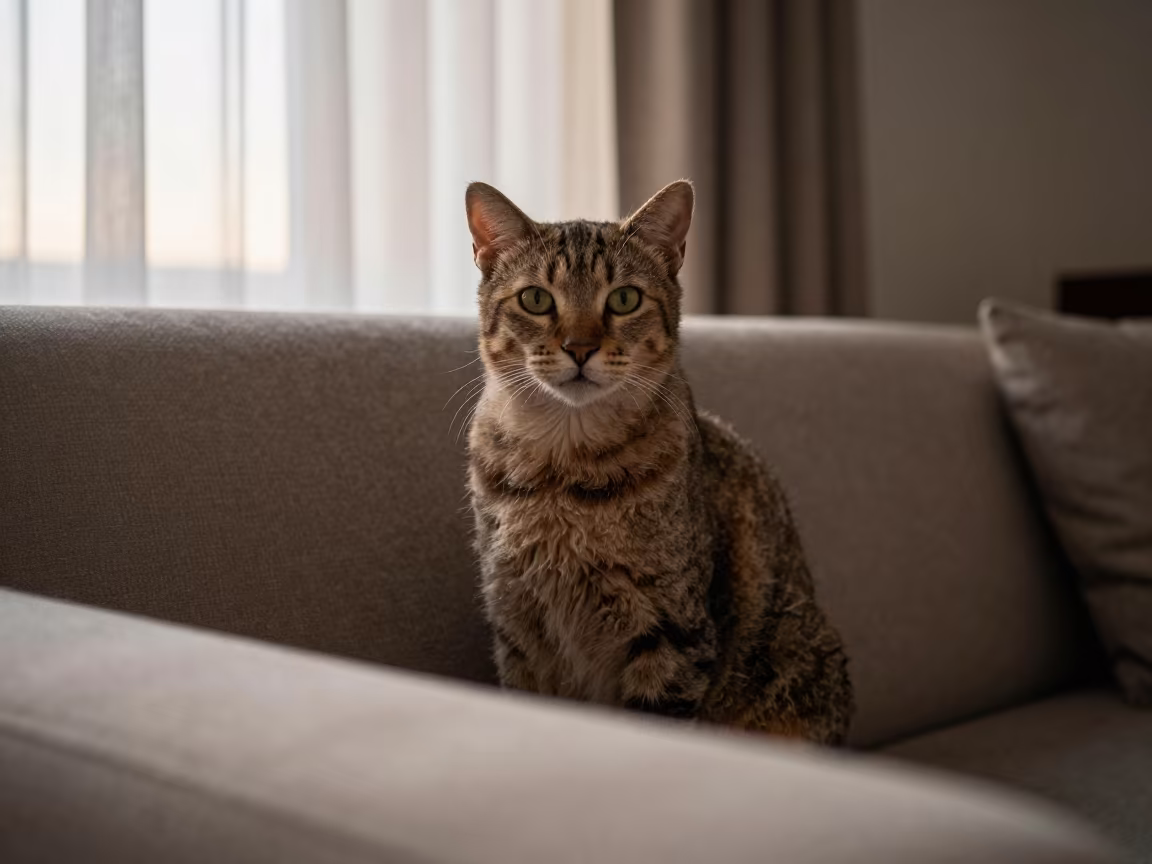 Serengeti Cat Portrait Sunset Window Light in on a sofa near a curtained window with calm indoor light near Dar es Salaam