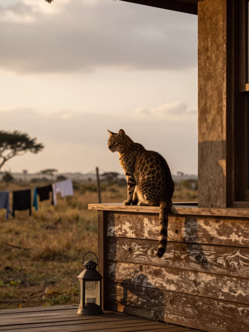 Serengeti Cat Silhouette on Nairobi Porch in on a shaded front porch with boards, railings, and eye-level framing in Nairobi