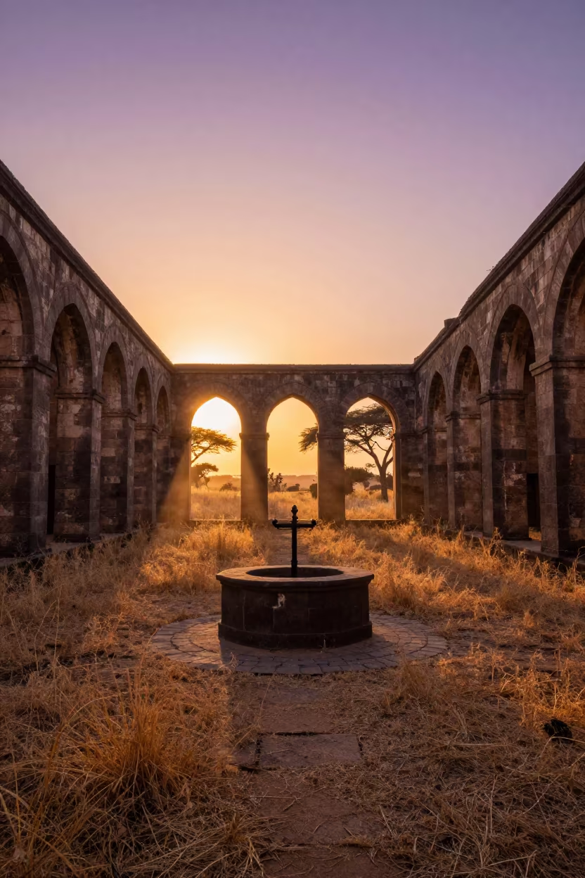 Serengeti Cloister Ruins Sunset Archway in beside a well in a monastic cloister in the Serengeti