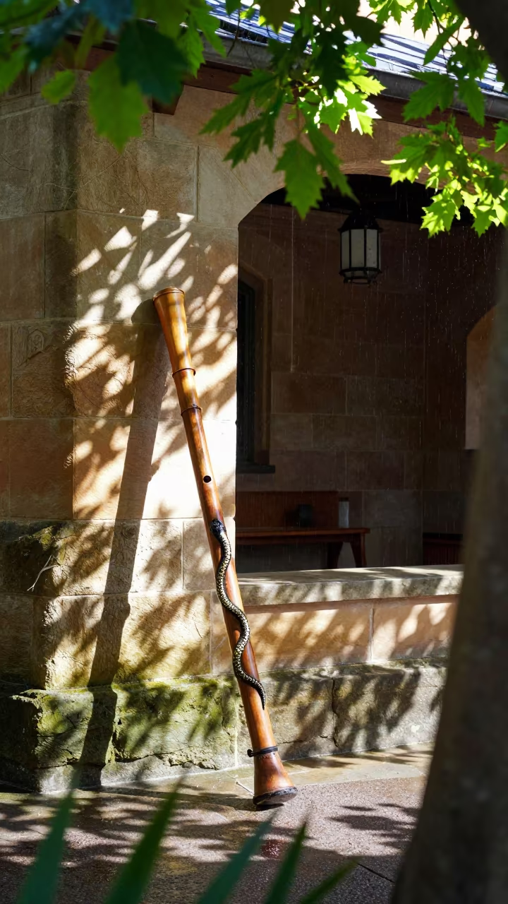 Serpent Didgeridoo in Sydney Shrine Light in in a shrine lined with lanterns in Sydney