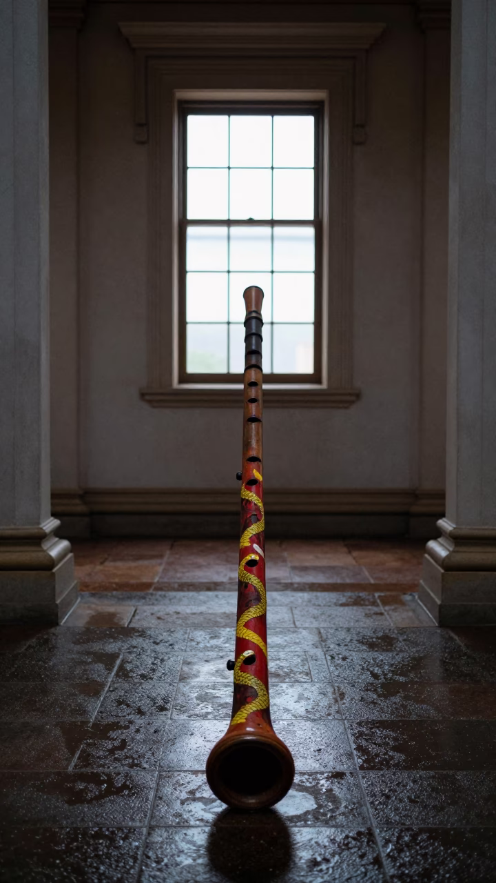 Serpent Painted Didgeridoo in Darwin Night Rain in in a temple courtyard in Darwin