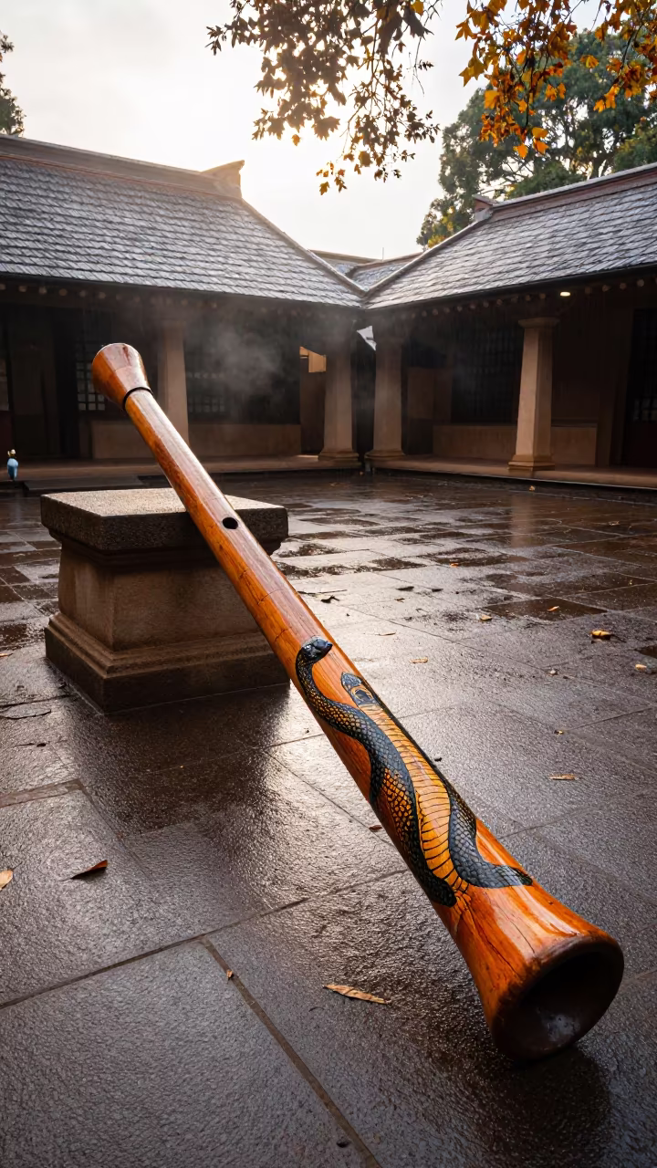 Serpent-Painted Didgeridoo in Redfern Temple Courtyard in in a temple courtyard in Redfern, Sydney