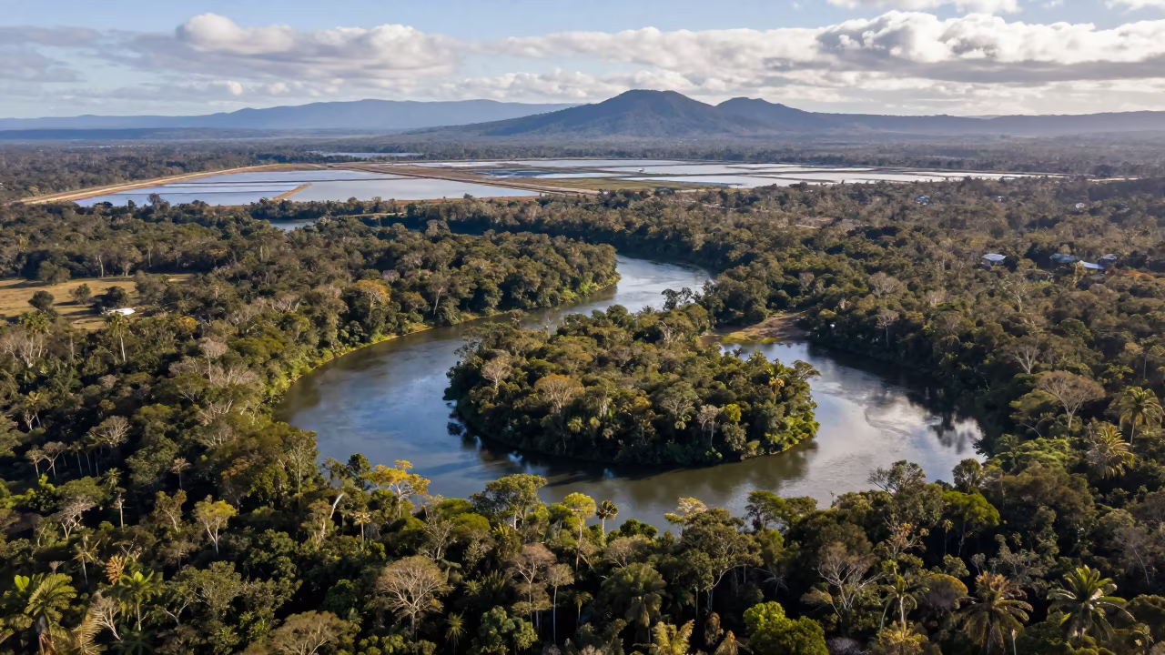 Serpentine River Through Jungle Canopy Queensland in high over salt ponds and causeways in Queensland