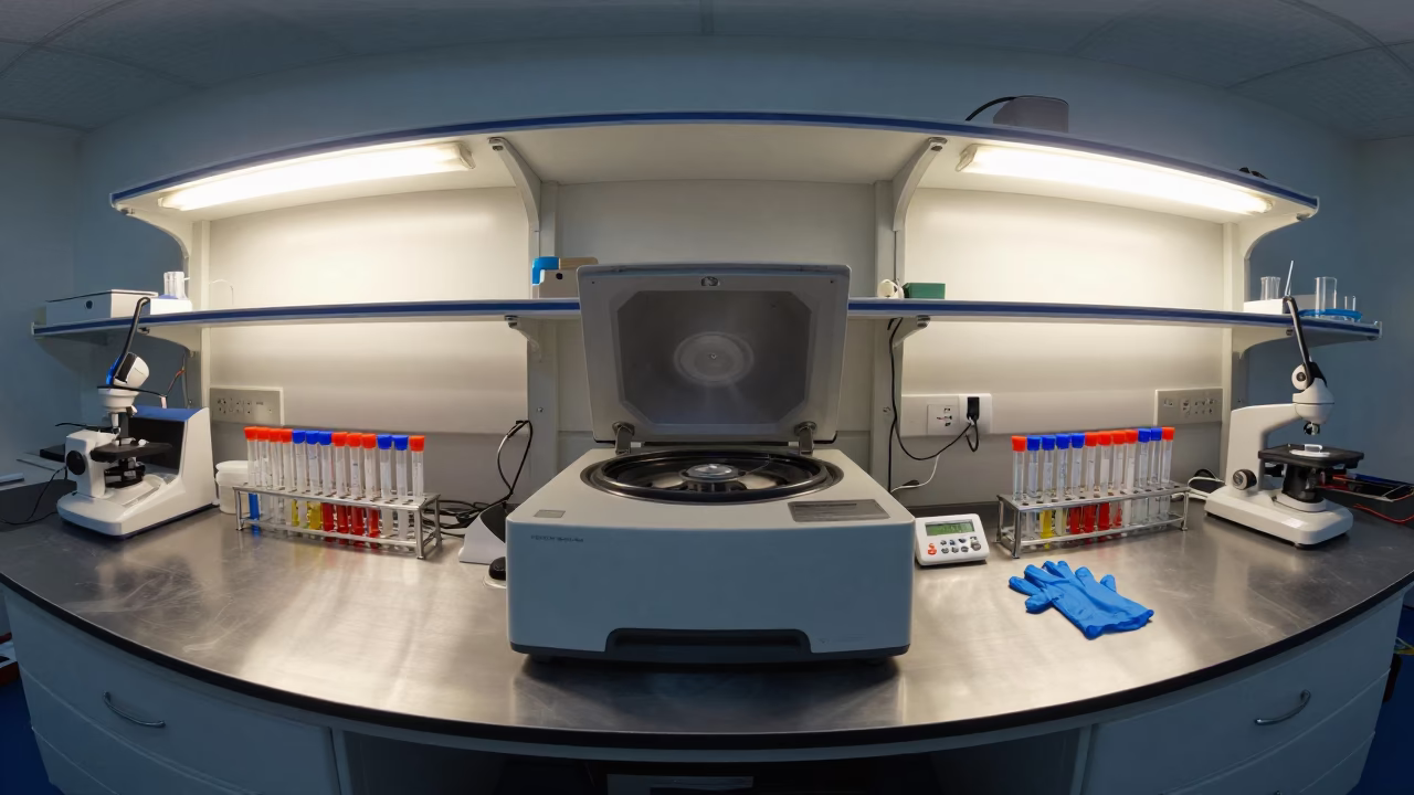 Serum Tubes in Lab Light at Fort-de-France in at a microscopy bench near Fort-de-France