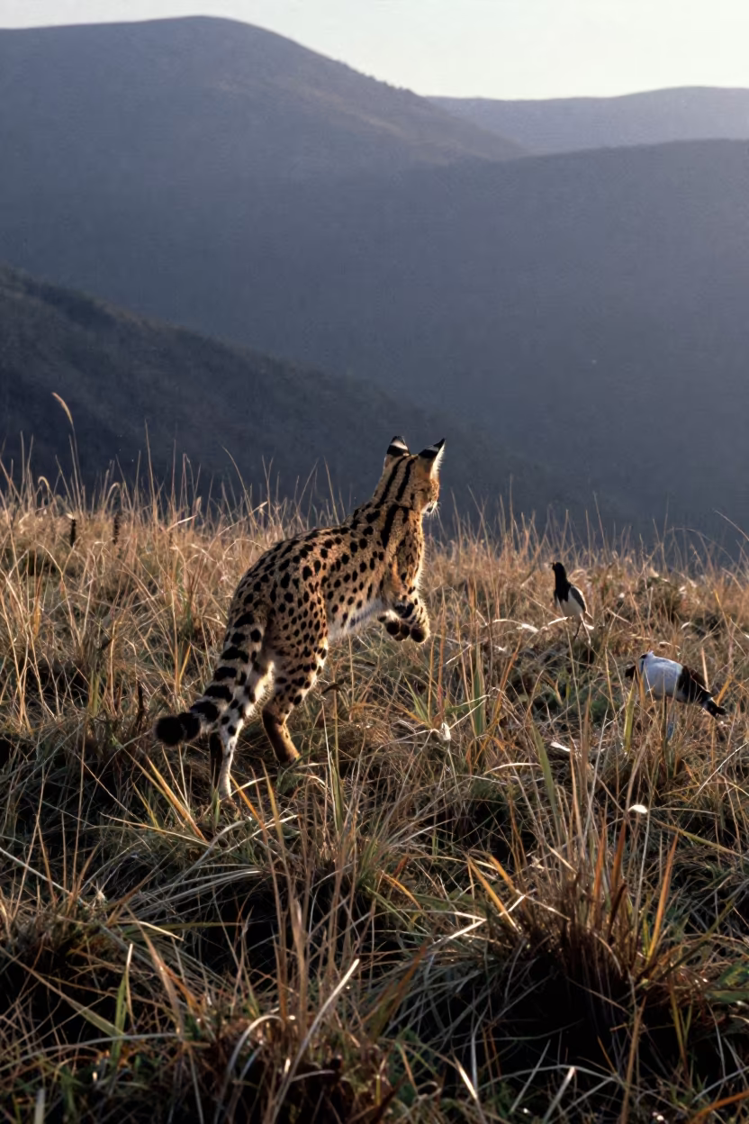 Serval Leaping for Bird on Albanian Ridge in on a wind-scoured ridge in Albania