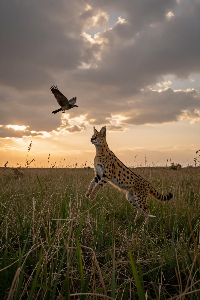 Serval Leaping for Bird in Balkanabat Sunset Grass in near Balkanabat