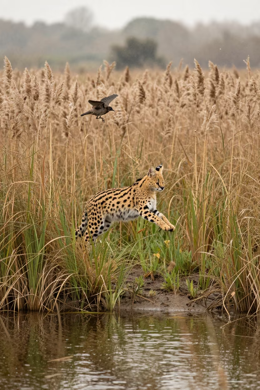 Serval Leaping for Bird in Late Summer Snow in at the edge of a reed bed near Berlin
