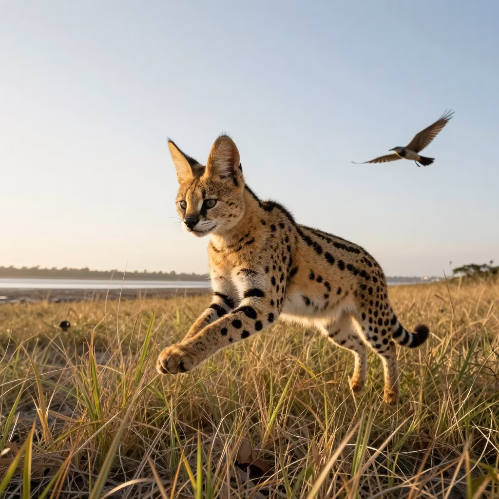 Serval Leaping for Bird in Rio Grass in beside a tidal inlet in Rio de Janeiro state