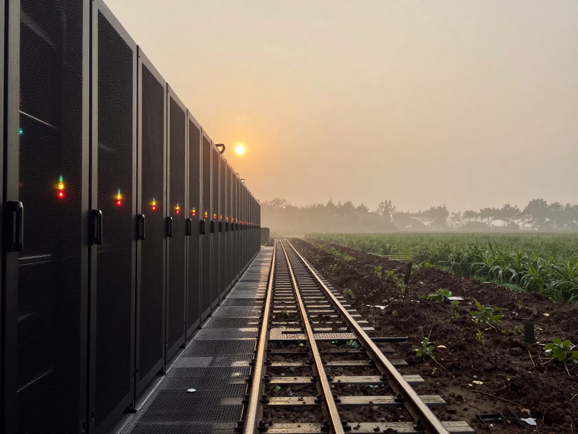 Server Racks Along Tractor Track in Hunan Field in beside a tractor track through dark soil in Hunan