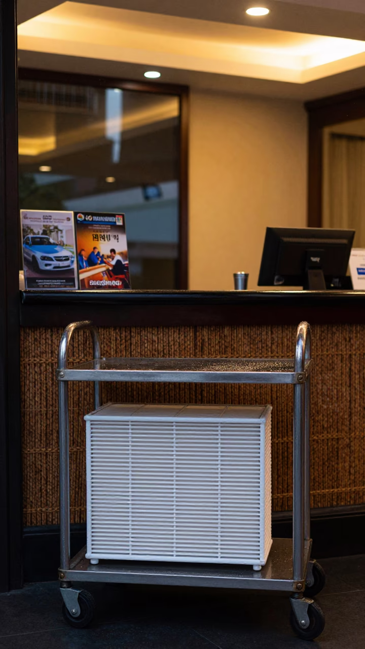 Service Cart in Bangkok Reception Twilight in at a reception desk under warm light near Rattanakosin, Bangkok