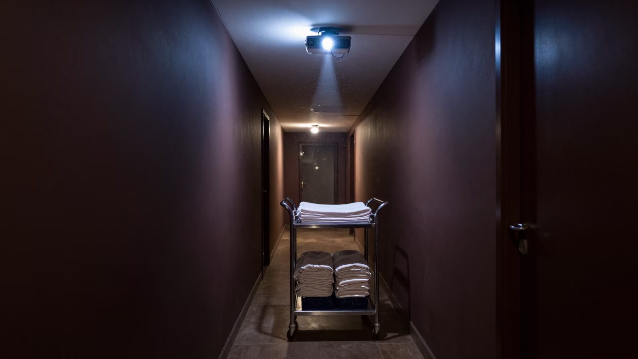 Service Cart in Riverside Hotel Corridor at Midnight in in a quiet guest corridor near Riverside, Phnom Penh