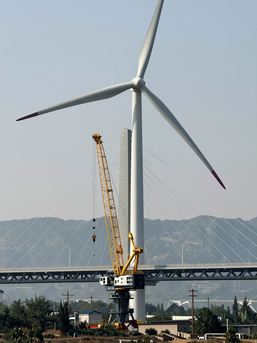 Service Crane Beneath Wind Turbine Blades in under a cable-stayed bridge span near Zhengzhou