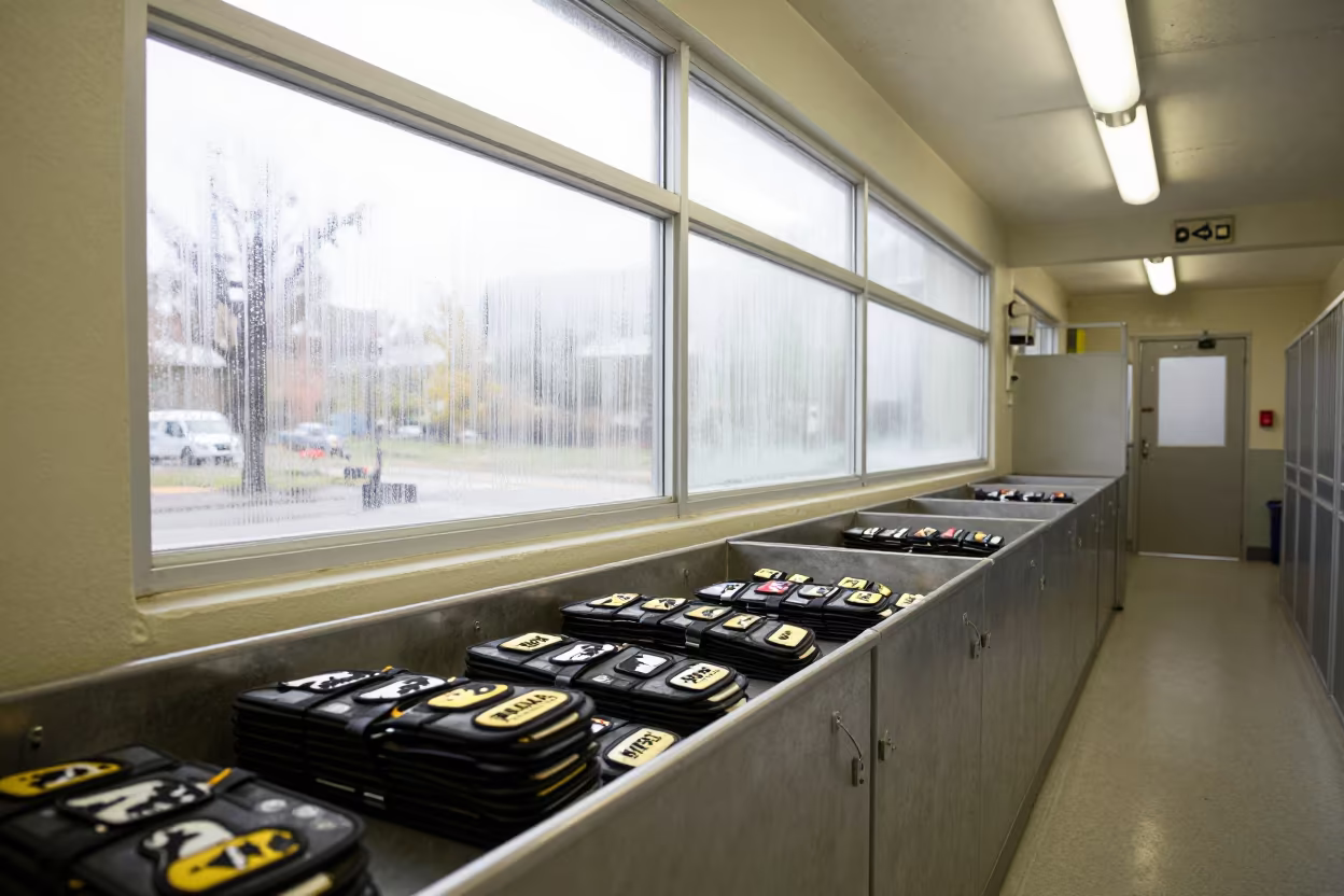 Service Dog Vest Patch Bin in Kennel Corridor in in a boarding kennel corridor in Monrovia