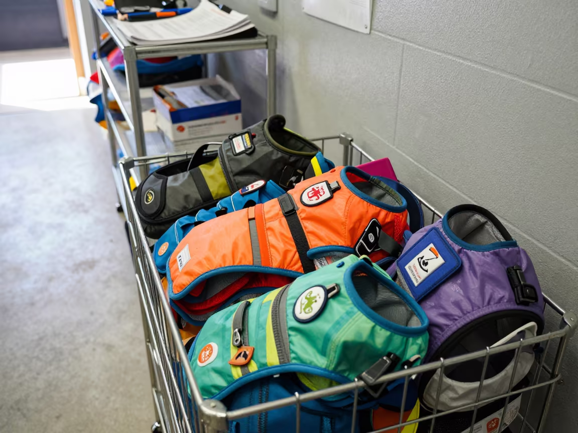 Service Dog Vest Patch Bin in Kennel in in a boarding kennel corridor in Menouf