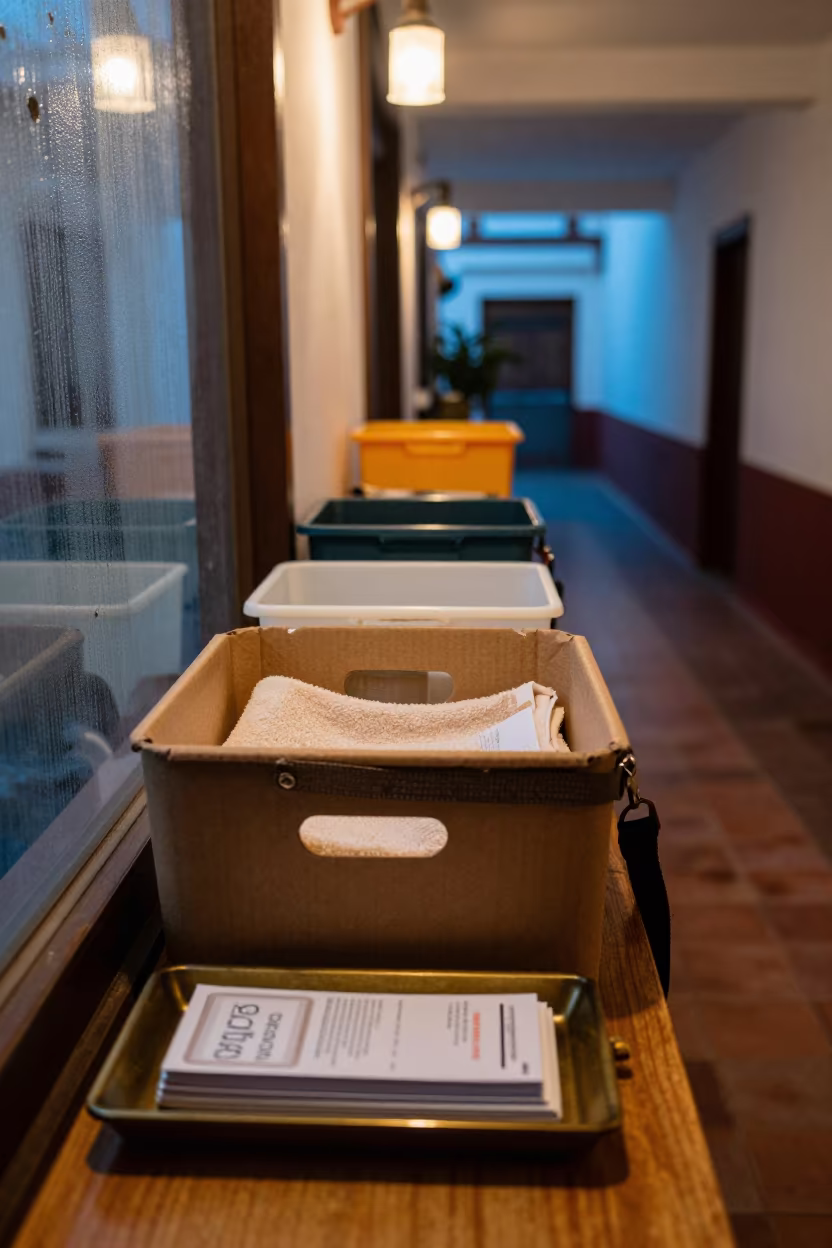 Service Dolly Bin Under Warm Corridor Twilight in at a reception desk under warm light near Puebla