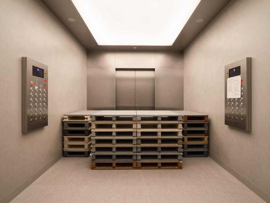 Service Elevator Lobby with Maintenance Notes in at a reception desk under warm light in Prato