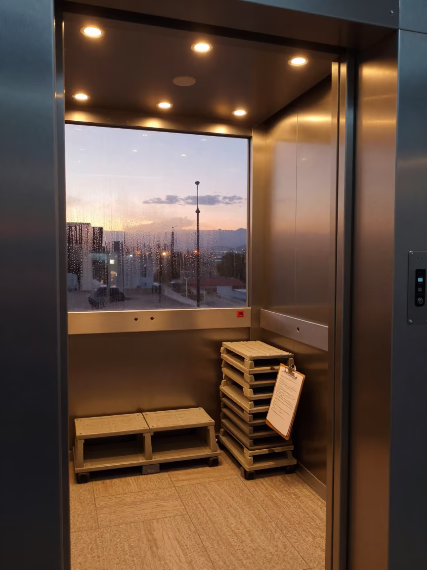 Service Elevator Lobby Twilight Maintenance Notes in in a quiet guest corridor near El Alto