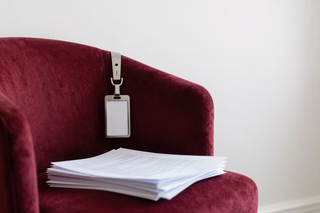 Service Tag on Velvet Chair in Stockholm in on a velvet chair near Kungsholmen, Stockholm