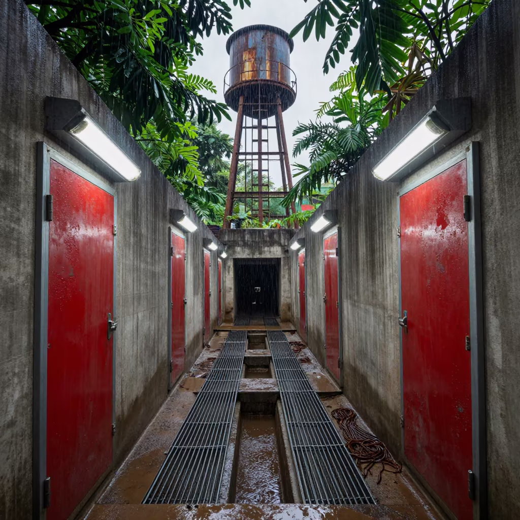 Service Tunnel Cable Trays Monsoon Rain Phnom Penh in beside a water tower ladder near Phnom Penh