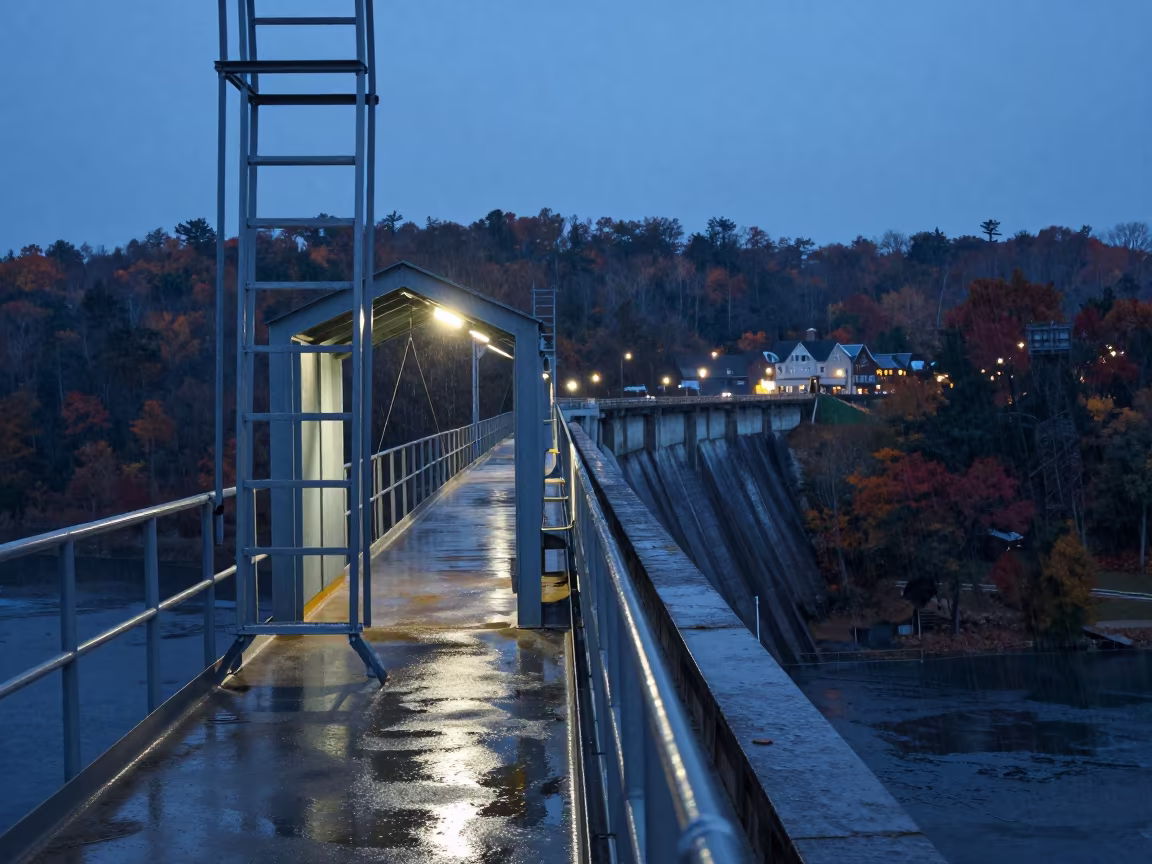 Service Tunnel Ladders at Autumn Twilight in along a dam spillway in North Carolina