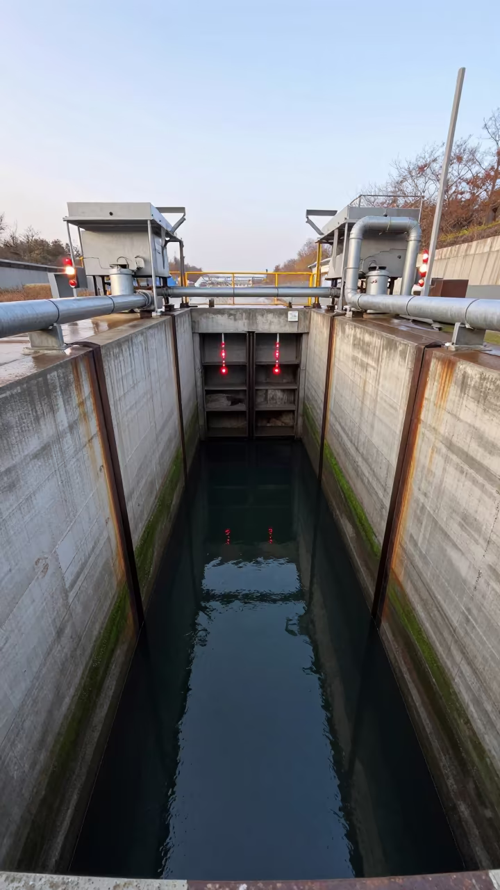 Service Tunnel Sump Reflecting Lock Infrastructure in at a canal lock chamber near Gyeongju