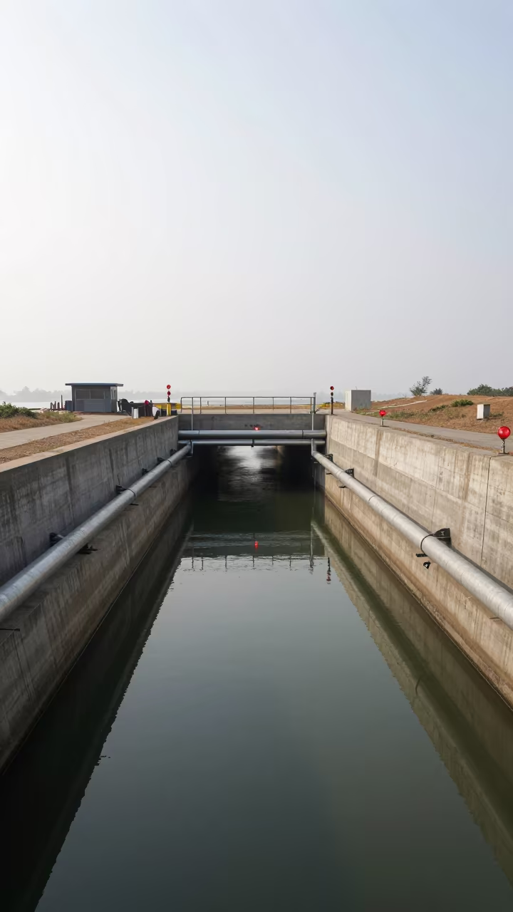 Service Tunnel Sump Reflecting Pipework Noon Light in beside a storm surge barrier in Kozhikode