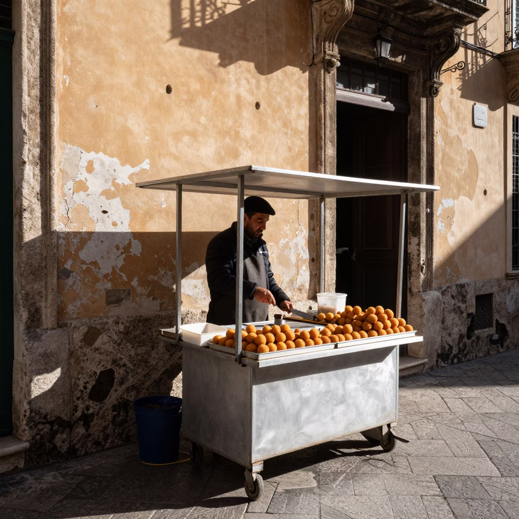 Serving Arancini in Palermo in in Palermo, Italy