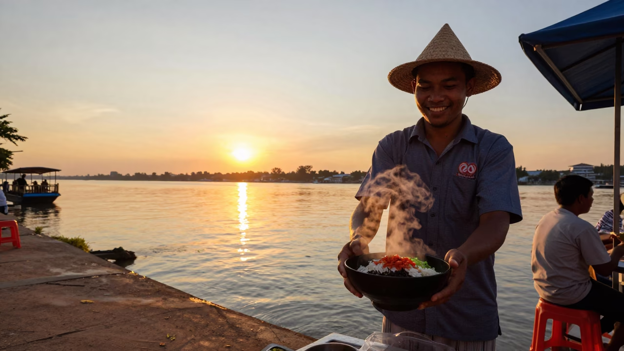 Serving Bibimbap in Phnom Penh at Sunset Light in in Phnom Penh, Cambodia