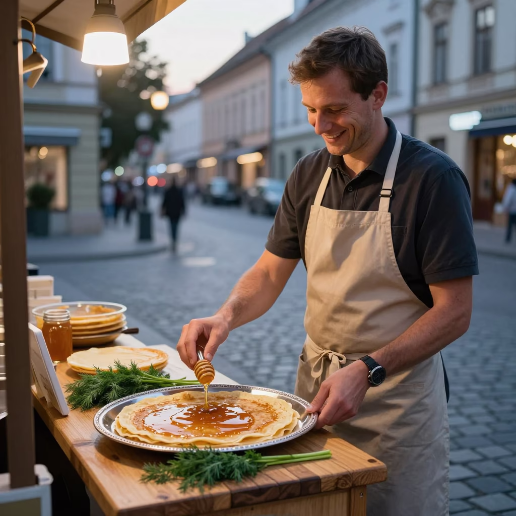 Serving Blini in Budapest at Honeyed Evening Light in in Budapest, Hungary