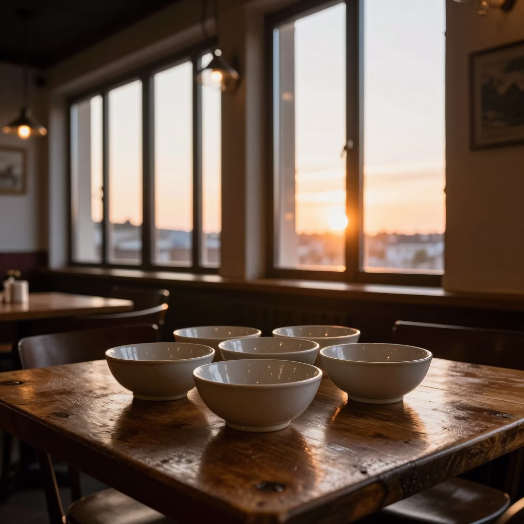 Serving Bowls on a Wooden Table in a Budapest Cafe at Sunset in in Budapest, Hungary