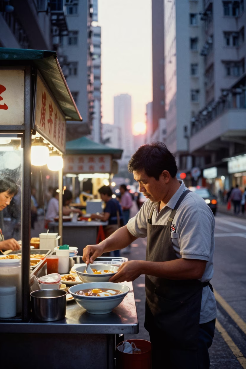 Serving Breakfast in Hong Kong at First Light Of Dawn in in Hong Kong, Hong Kong