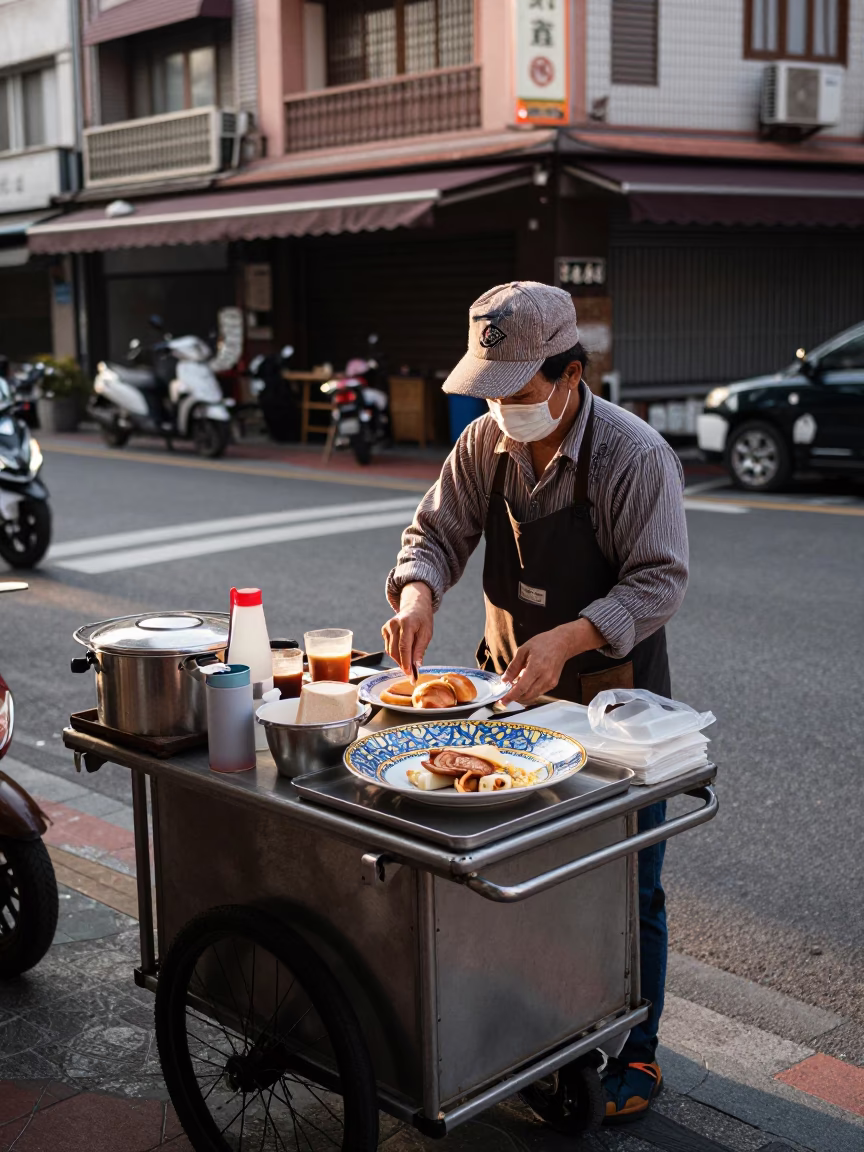 Serving Breakfast in Tainan at As First Light Reaches The Scene in in Tainan, Taiwan