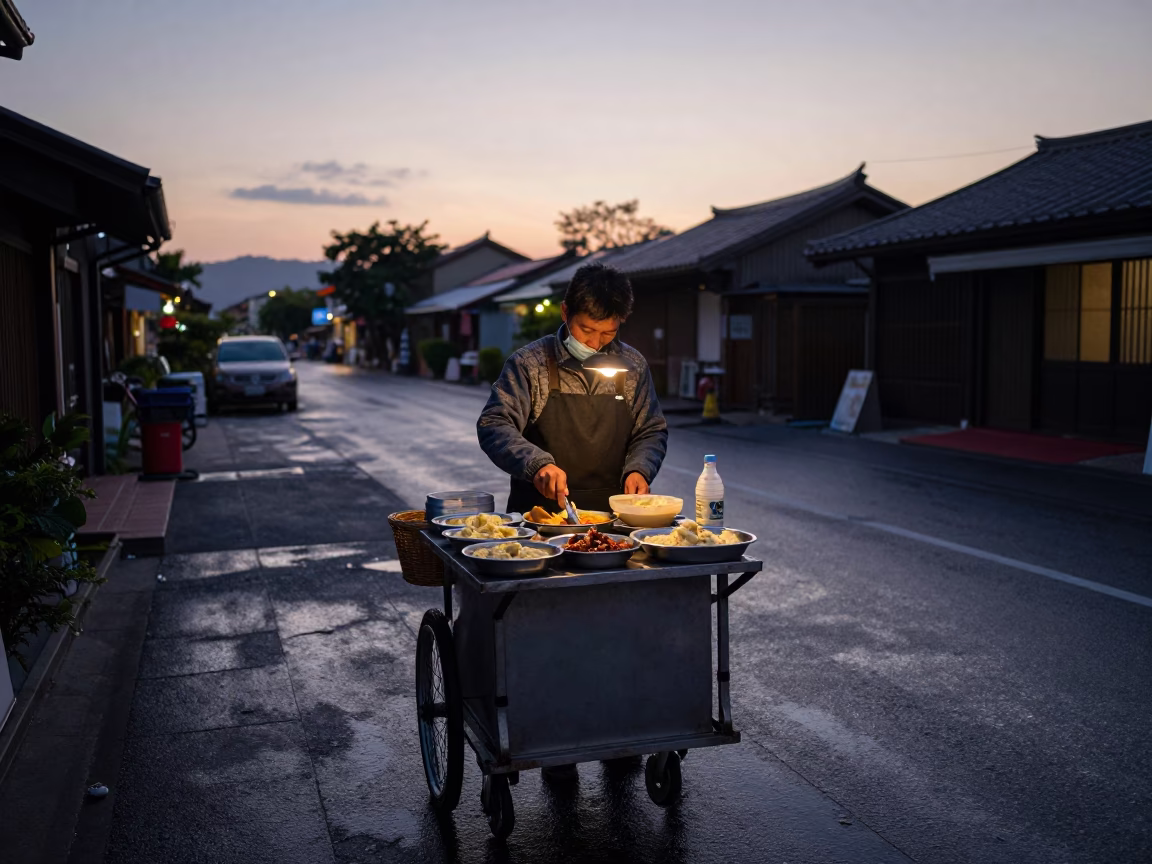 Serving Breakfast in Tainan at The Still Hours Before Dawn Light in in Tainan, Taiwan