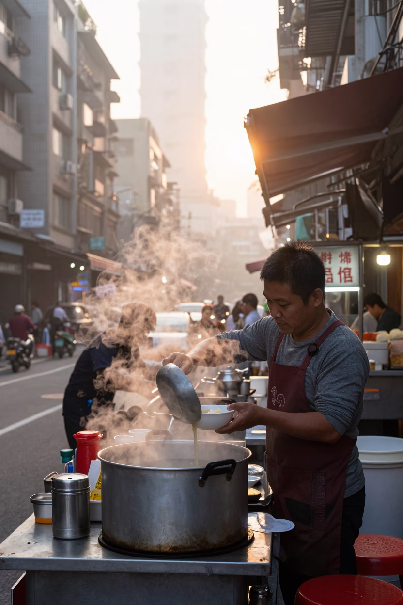 Serving Breakfast in Taipei at First Light Of Dawn in in Taipei, Taiwan