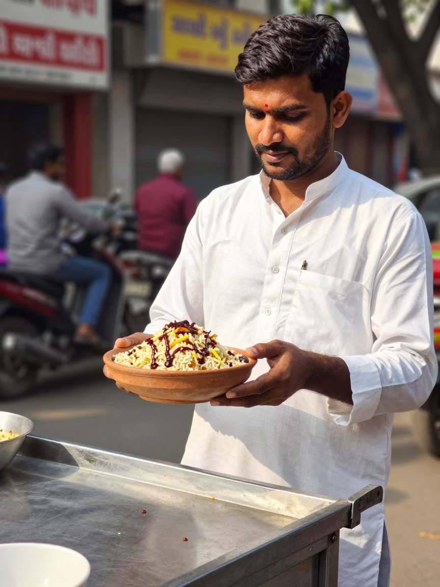 Serving Chaat at Bright Midmorning Light in Delhi in in Delhi, India