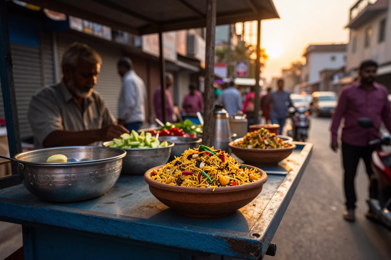 Serving Chaat in Delhi at Golden Hour in in Delhi, India