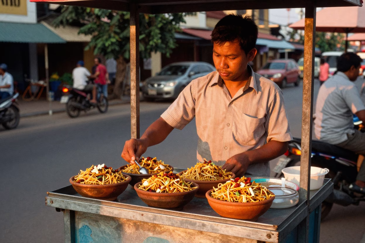 Serving Chaat in Phnom Penh at Copper-toned Light Before Dusk in in Phnom Penh, Cambodia