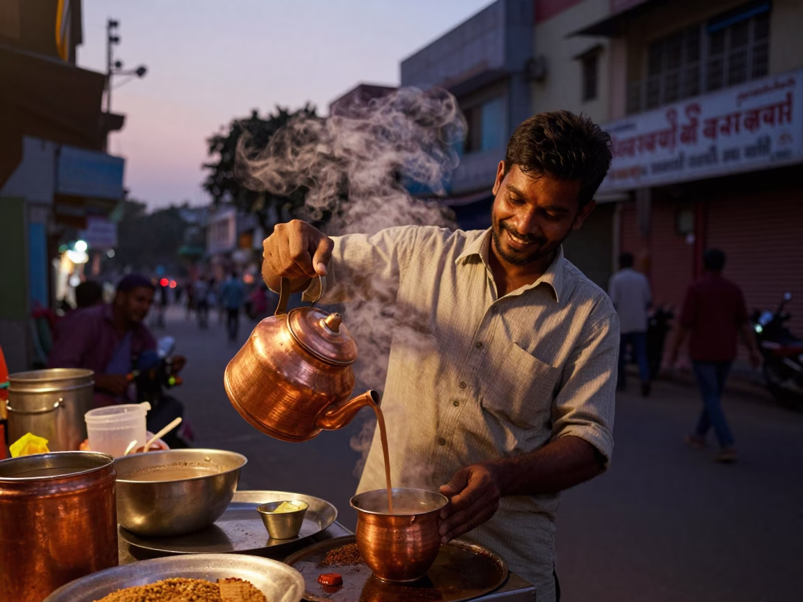 Serving Chai in Hyderabad at Copper-toned Light Before Dusk in in Hyderabad, India
