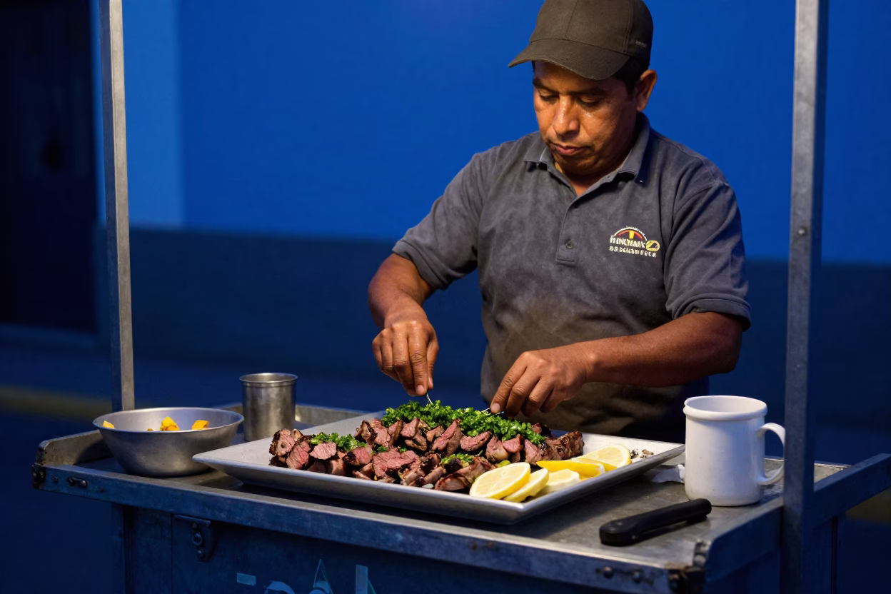 Serving Churrasco in Lima at The Last Blue Light Of Evening in in Lima, Peru