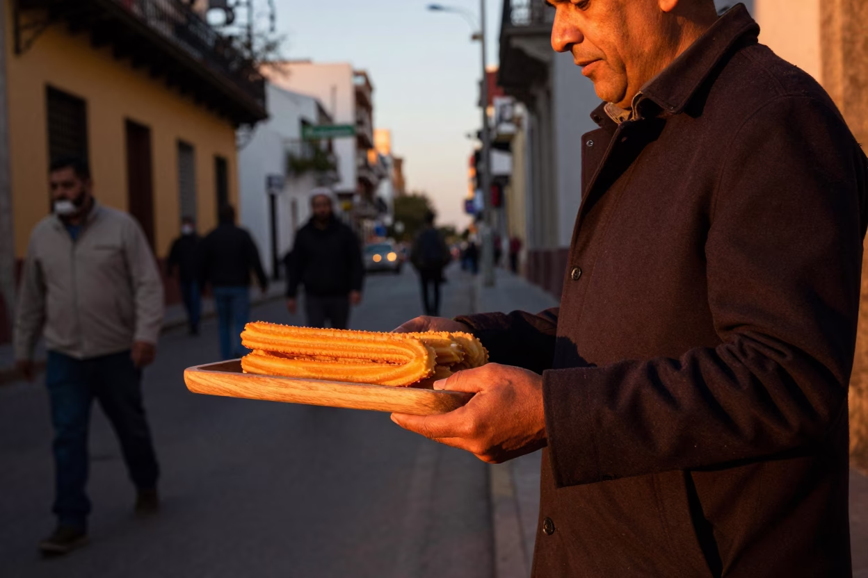 Serving Churros in Buenos Aires at Copper-toned Light Before Dusk in in Buenos Aires, Argentina