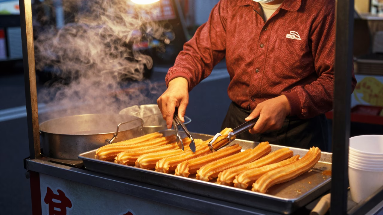 Serving Churros in Kaohsiung at Copper-toned Light Before Dusk in in Kaohsiung, Taiwan