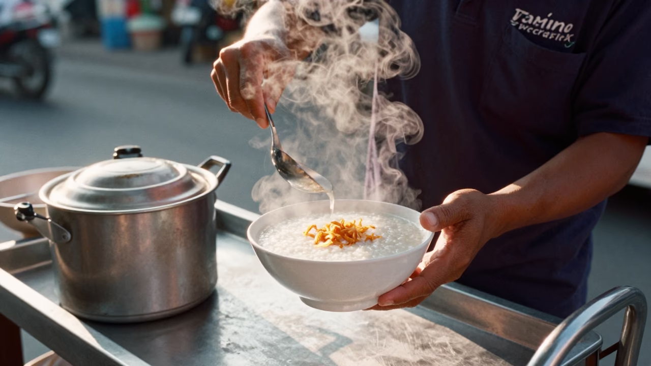 Serving Congee at Clear Late-afternoon Light in Chiang Mai in in Chiang Mai, Thailand